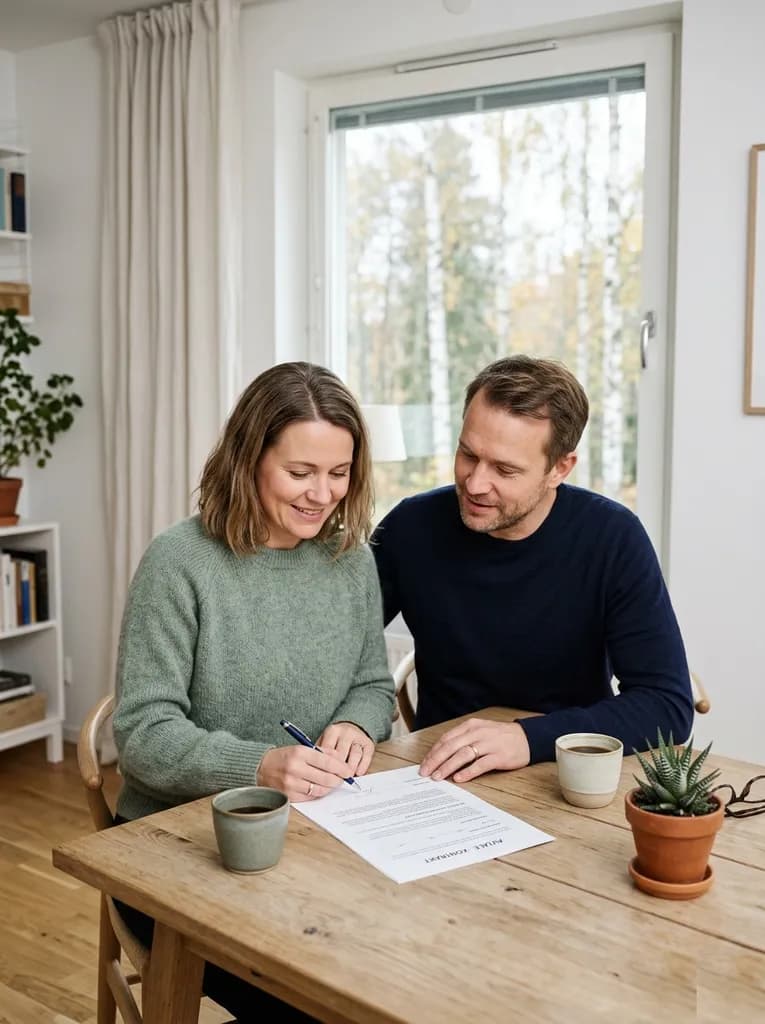 Par granskar juridiskt dokument tillsammans vid köksbordet