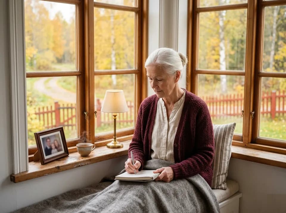 Äldre kvinna skriver vid fönster med höstlandskap utanför