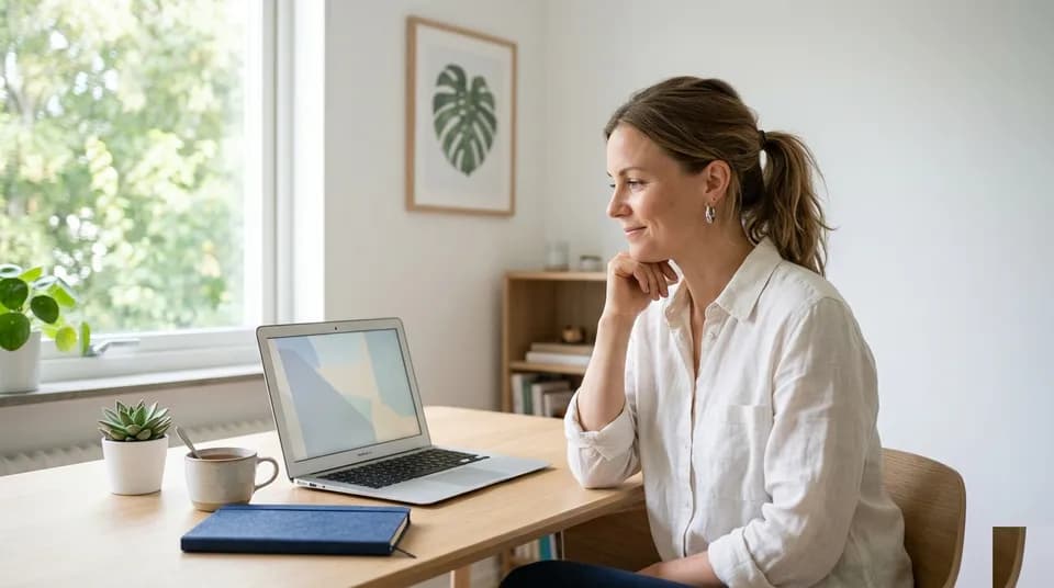 Kvinna vid skrivbord i ljust hemmakontor